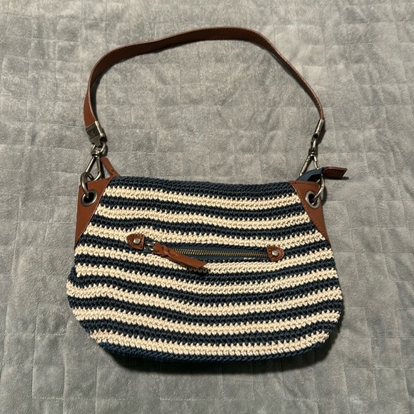 The Sak Crochet Purse, Navy Blue, White Striped, Brown, Zipper, Shoulder, Boho - Picture 2 of 11